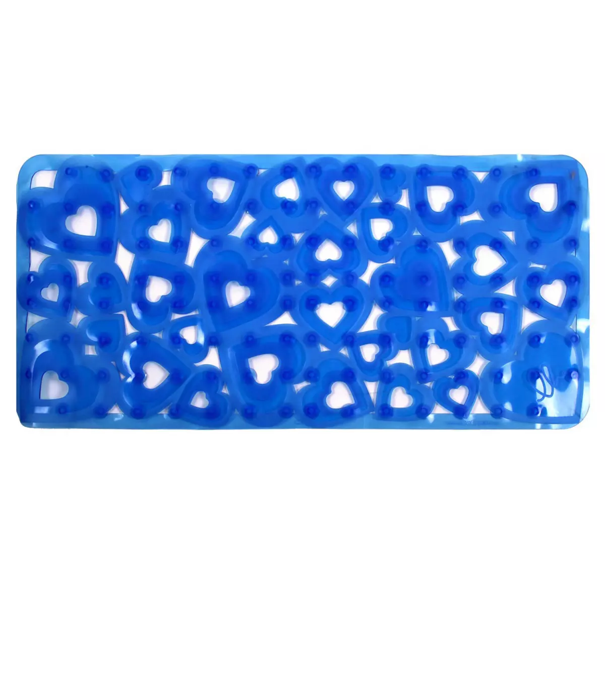 Rectangular rubber tub shower mat with blue heart suckers